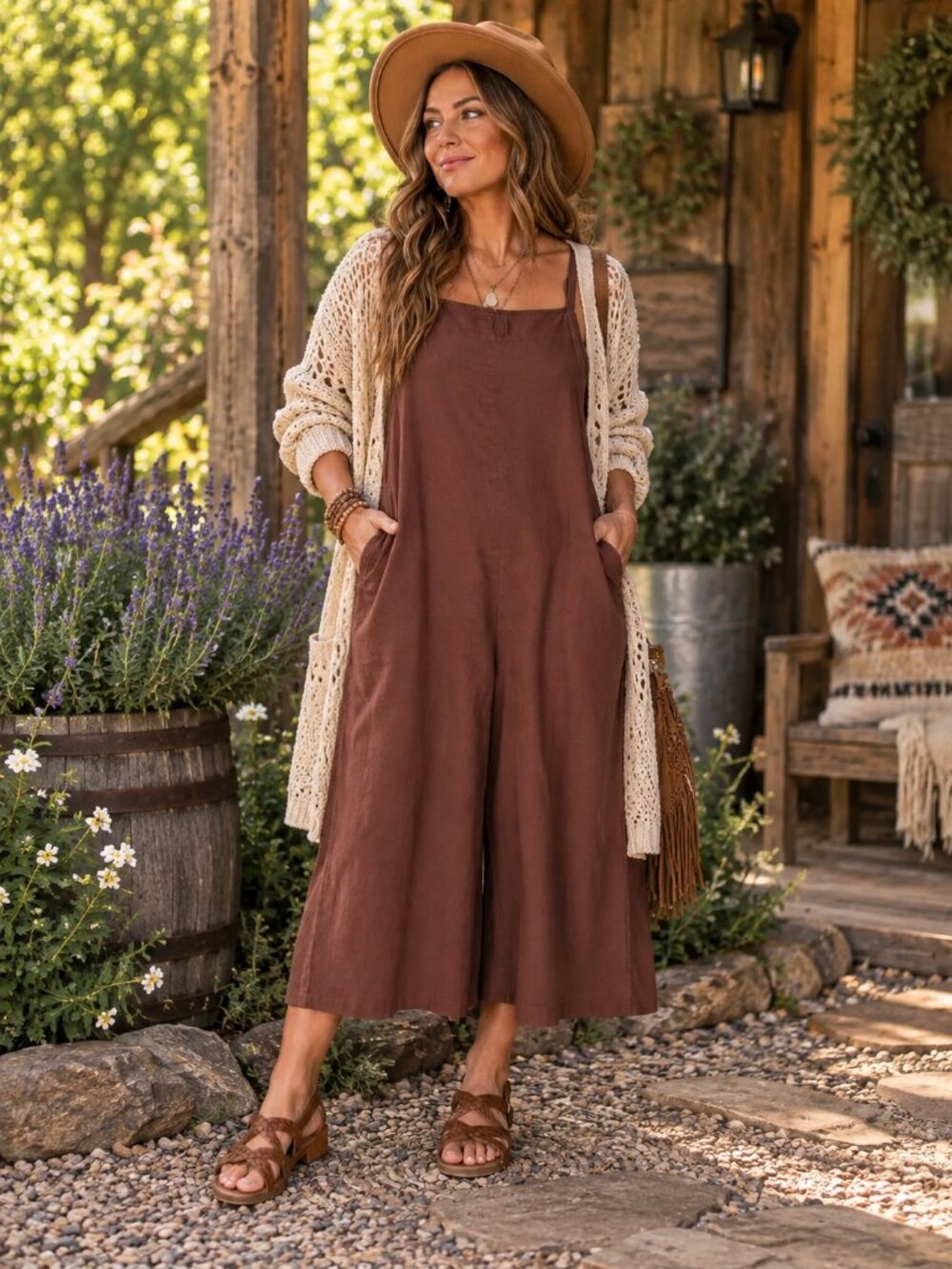 Hipster Row Rust Brown Boho Wide Leg Jumpsuit | 100% Cotton | Medium Large